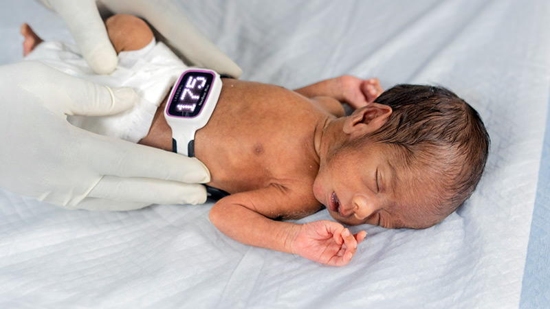 A baby wears a Laerdal Medical NeoBeat device