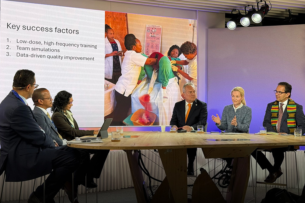 Ingrid Laerdal speaks during a World Health Assembly event