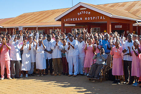 Hospital staff at Haydom Lutheran Hospital clapping